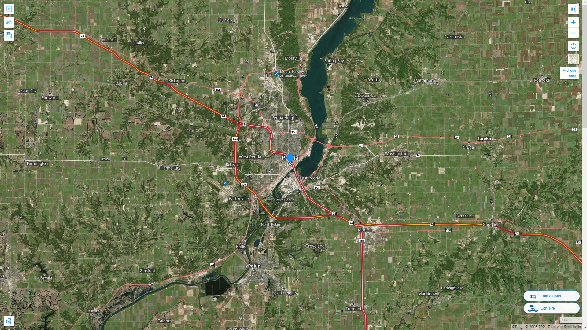 Peoria illinois Highway and Road Map with Satellite View